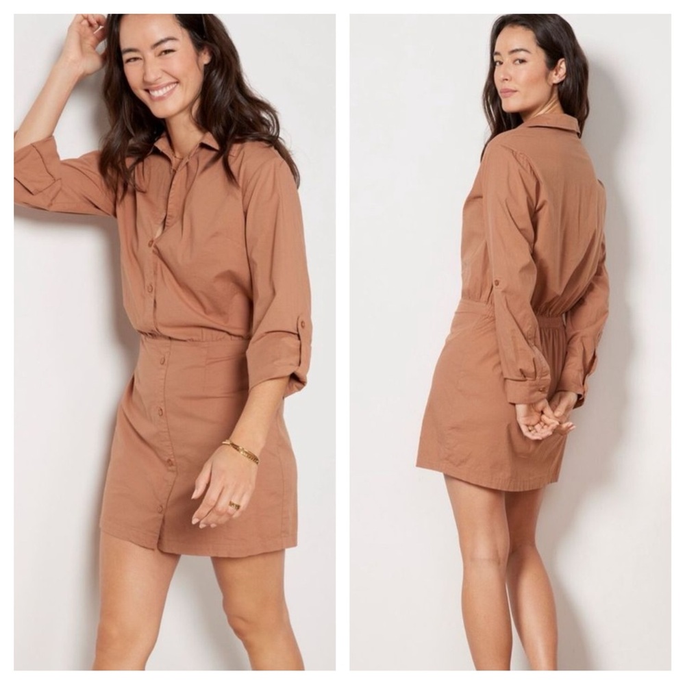 Monrow Poplin Shirt Dress Size L Large Beige Brown Button Front Long Sleeve